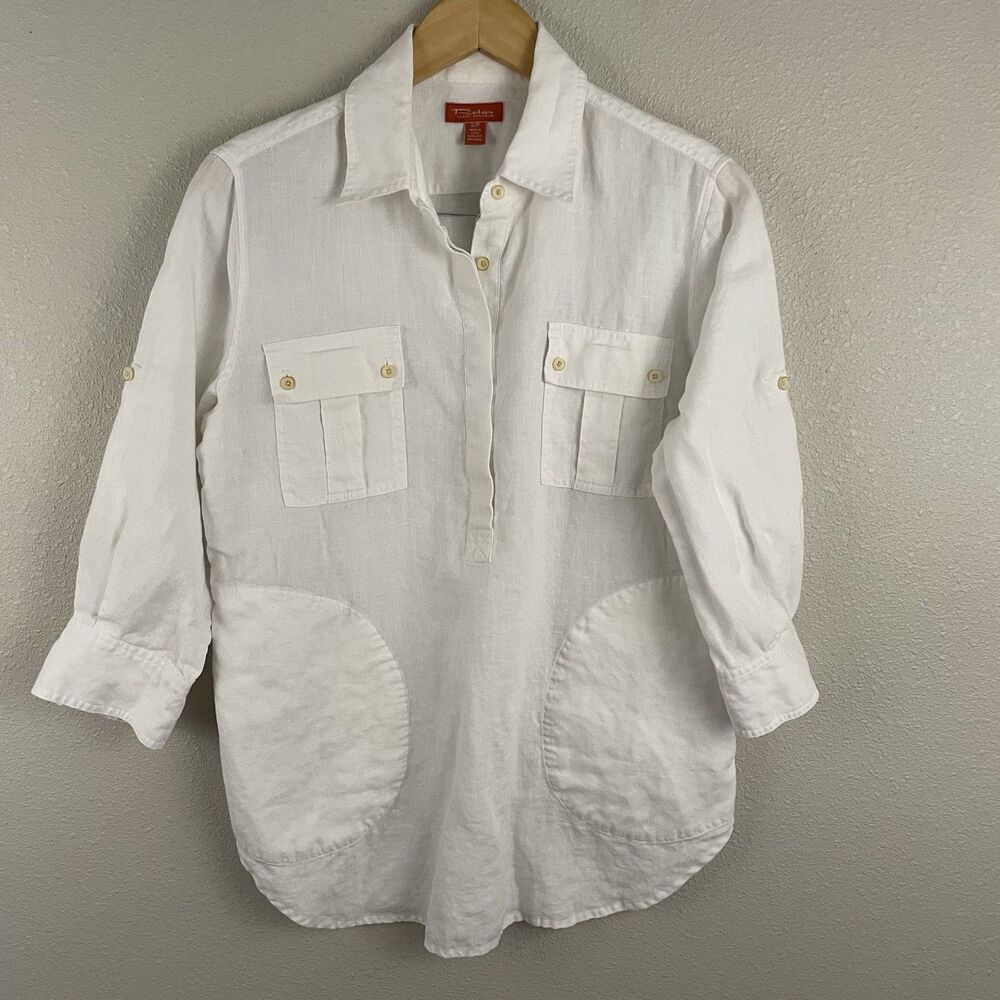 Tommy Bahama Relax Womens S White 100% Linen Popover Tunic Safari 3/4 Sleeve